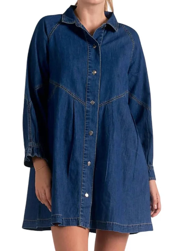 Step Ahead, Lead The Trend Button Down Denim Long Sleeve Dress In Blue Everyday Glamour