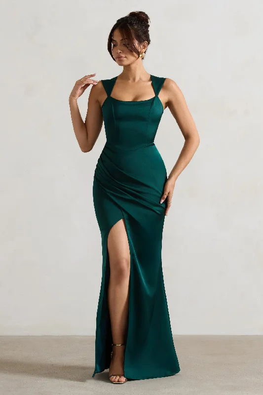 Save Big A Romantic | Bottle Green Satin Corset Wrap Maxi Dress Discounts on Casual Weekend Styles