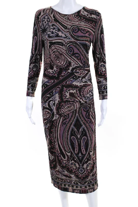 Fashion Forward Etro Womens Multicolor Printed Crew Neck Long Sleeve Drape Shift Dress Feminine Flow