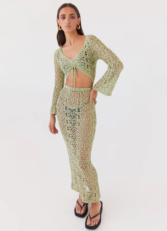 Fashion-Forward Seaside Soiree Crochet Maxi Dress - Light Olive Classic Timeless Elegant Style