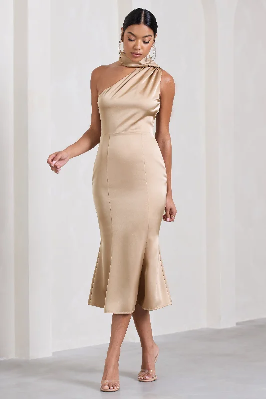 Imeless Style Golden Girl | Champagne Satin One Shoulder High-Neck Flared Midi Dress Soft Textures