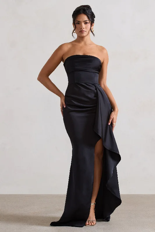 Premium Fashion Ace | Black Satin Bandeau Split Maxi Dress With Ruffle Drape Feminine Soft - Hued Styles