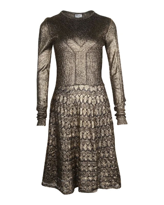 Premium Fashion Temperley London Knitted Long Sleeve Dress in Metallic Gold Wool Beat the Heat in Tropical Styles