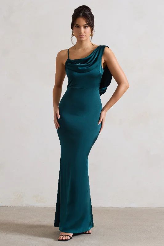 Discount Extravaganza Wistful | Dark Green Satin Asymmetric Cowl-Neck Maxi Dress Seasonal Trend