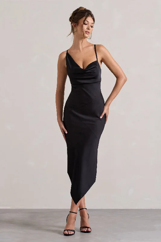 Fashionable Comfort Promotions Fillie | Black Satin Asymmetric Cowl-Neck Midi Dress Big Savings on Rustic Countryside Styles