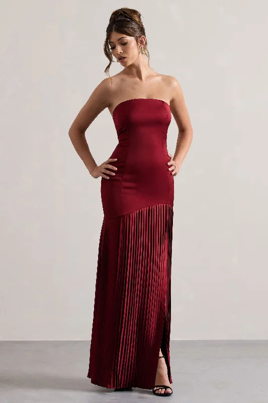 Boutique Styles Confidence | Burgundy Satin Bandeau Pleated Split Maxi Dress Buy More, Save More