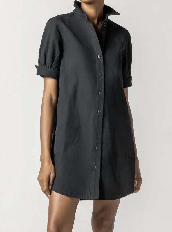 Boutique Styles Cuff Sleeve Shirt Dress In Black Feminine Elegance