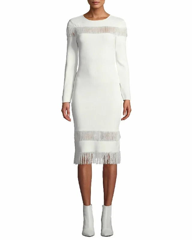 Fast Fashion Favorites Seraphina Fringe Knit Long Sleeve Dress In White Graceful Movement