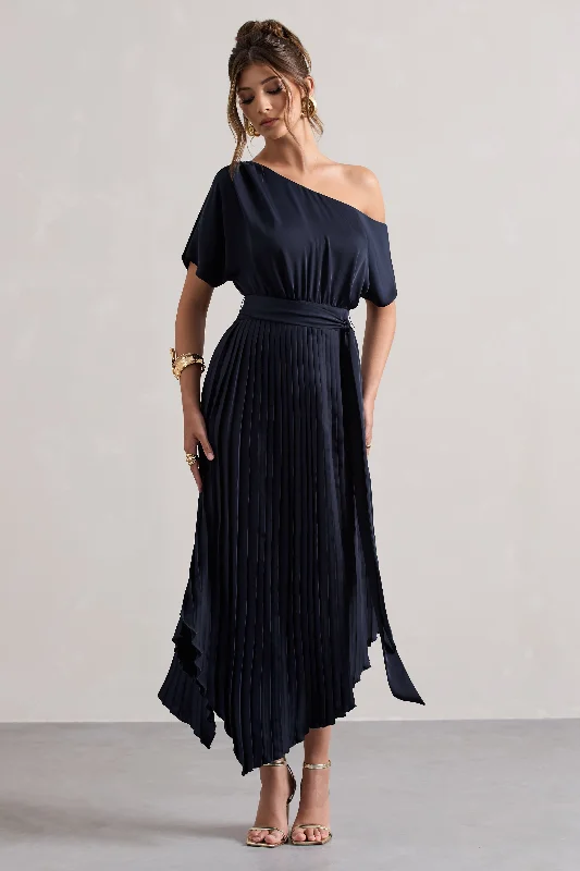 Season Offer India | Navy Satin Asymmetric Plisse Maxi Dress Rustic Countryside Charm Look