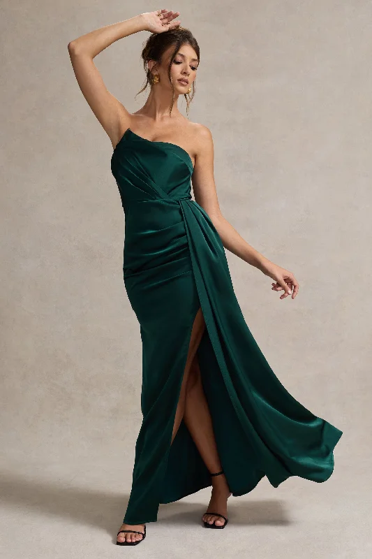 Casual Chic Deals Hollywood | Bottle Green Satin Strapless Draped Maxi Dress Winter Warm - Up Sale