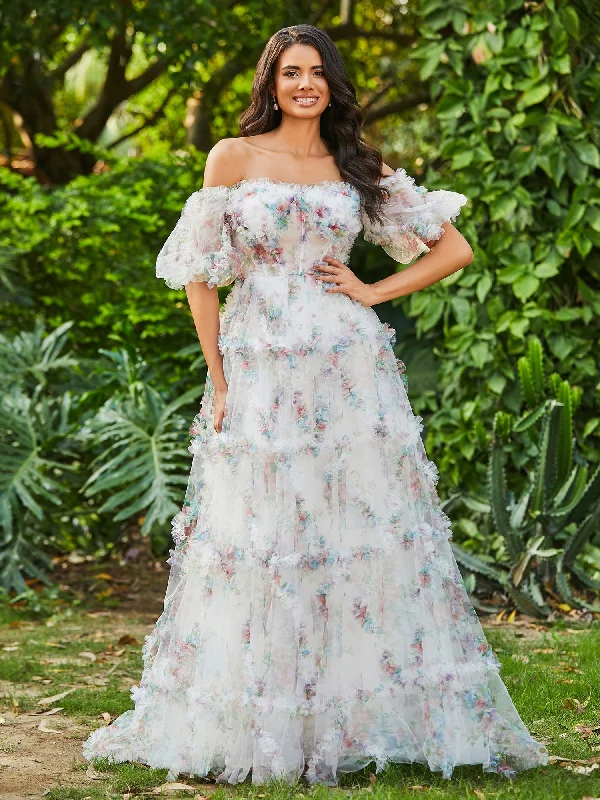 Vibrant Style Promotions Floral Boho Off Shoulder Ruffle Skirt Tulle Gown Ivory Classic Timeless Elegant Style