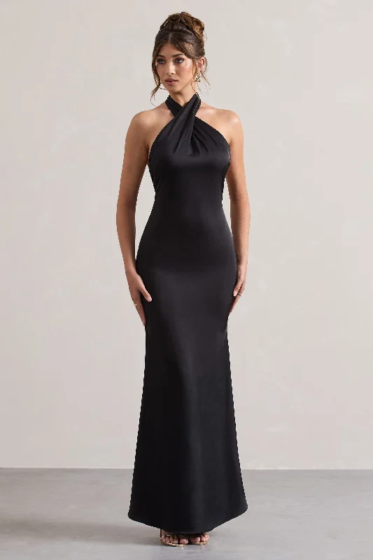 Timeless Elegance Redefined Unbeatable | Black Satin Cross Over Halter-Neck Maxi Dress Charming Silhouette