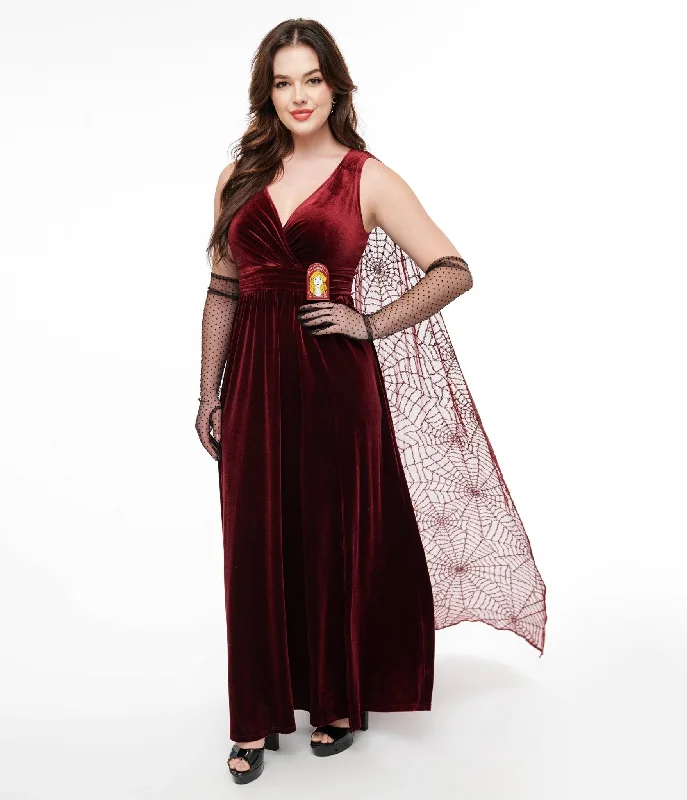 Style Revolution Disney Hocus Pocus Collection by Unique Vintage Burgundy Velvet & Spiderweb Sequin Cape Gown Boho - Chic Festival - Ready Style