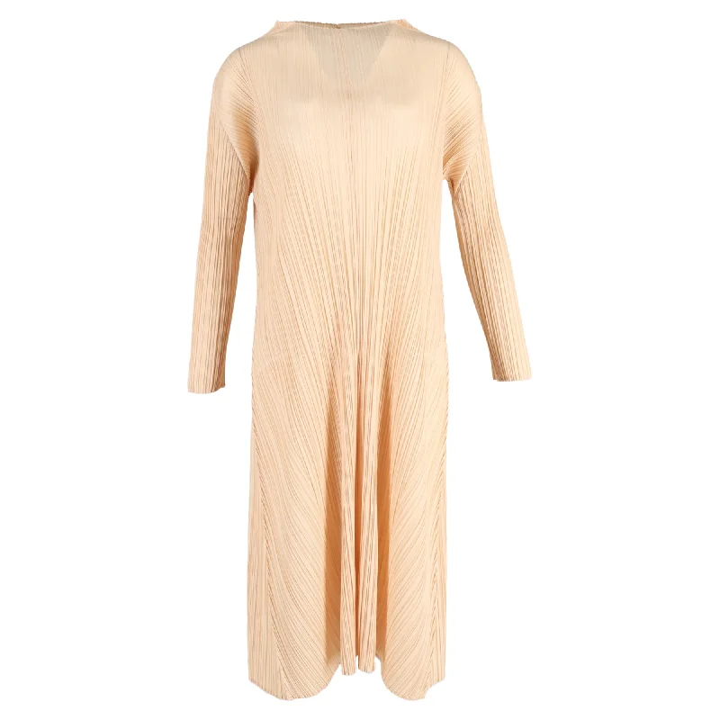 Save Big Issey Miyake Pleated Midi Long Sleeve Dress in Nude Polyester Lighten Up with Nordic Styles