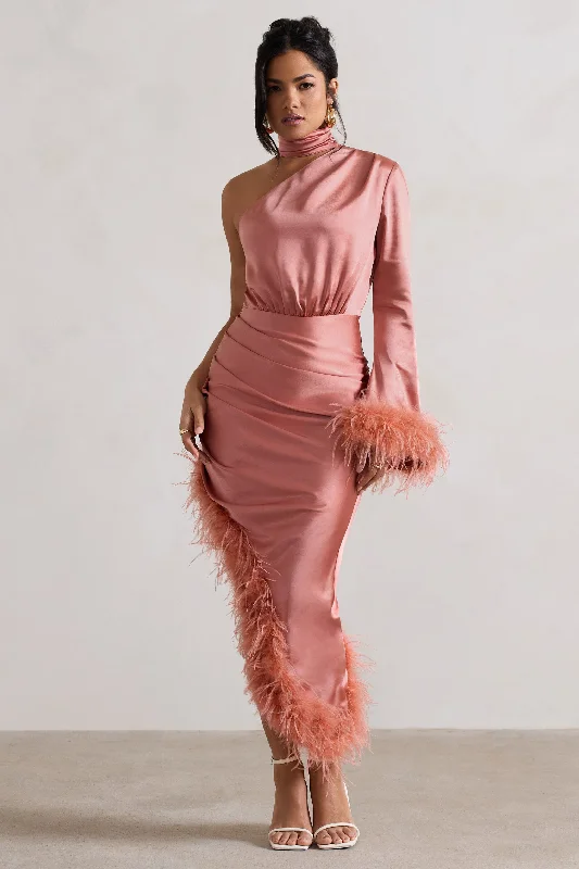 Retro Style Promotions Dolce | Coral Satin Asymmetric One Sleeve Maxi Dress With Feather Trims Graceful Drape