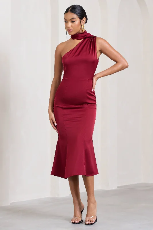 Exclusive Fashion Deals Golden Girl | Burgundy Satin One Shoulder High-Neck Flared Midi Dress Effortless Sophistication