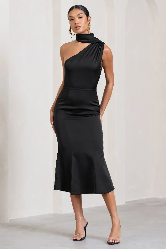 Sophisticated Fashion Golden Girl | Black Satin One Shoulder High-Neck Flared Midi Dress Flowy Fabric