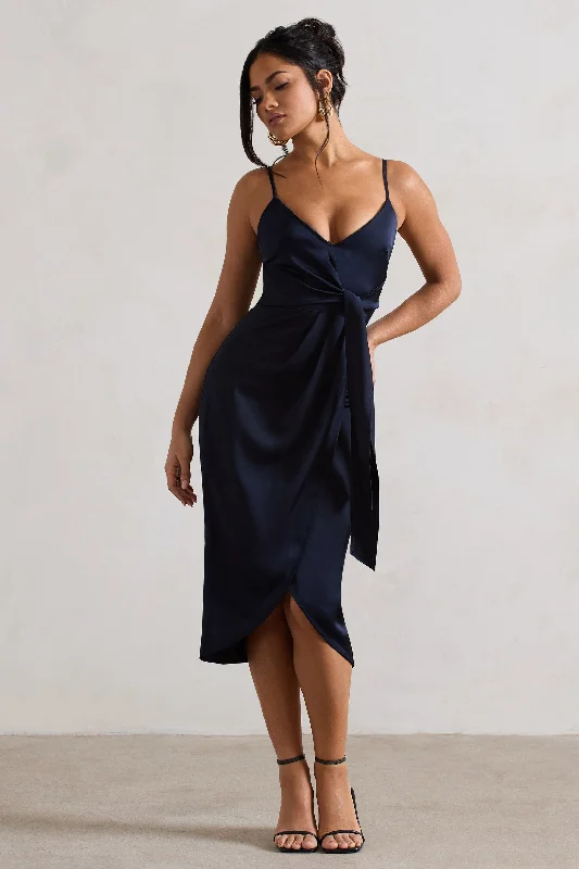 Contemporary Fashion Sale Sabela | Navy Satin Wrap Midi Dress With Knot Detail Minimalist Office - Ready Style