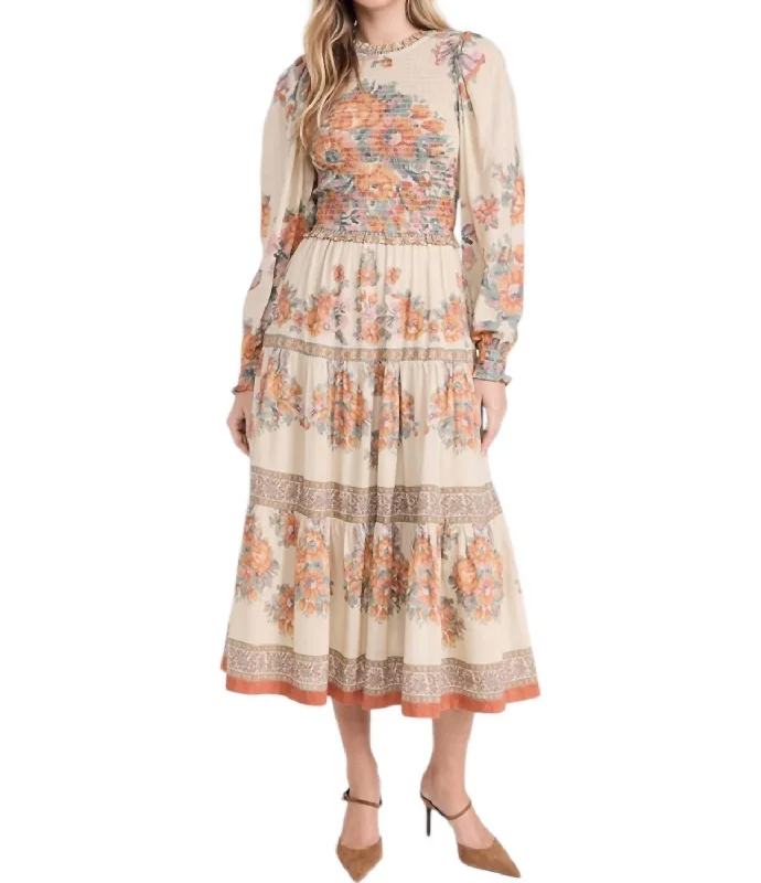 Contemporary Casual Deals Fiorella Border Print Long Sleeve Smocked Dress In Blossom Anniversary Sale