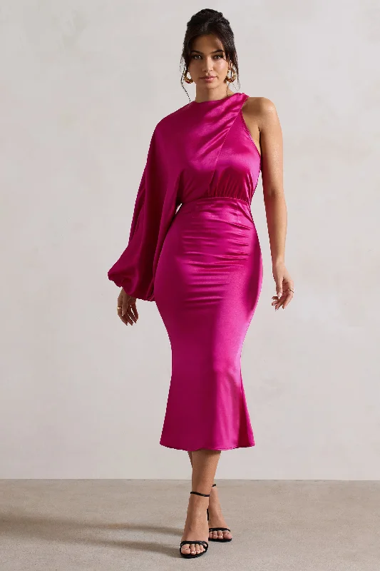 Exclusive Designer Style Deals Nola | Dark Pink Satin One-Sleeve Midi Dress Y2K Nostalgic Fashion Look