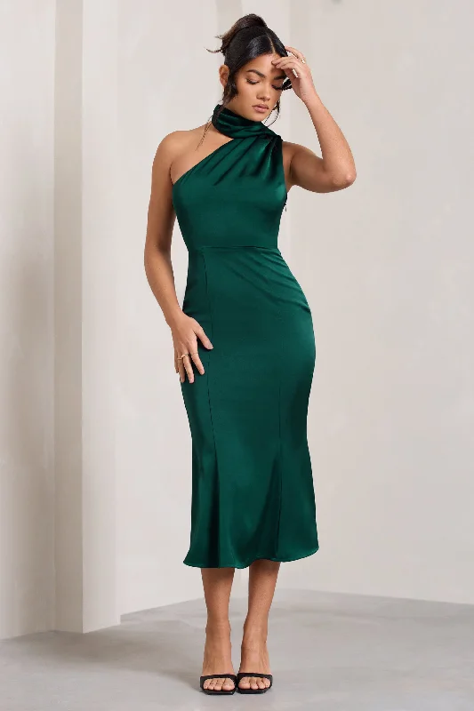 Modern Chic Discounts Golden Girl | Bottle Green Satin One Shoulder High-Neck Flared Midi Dress Feminine Flow