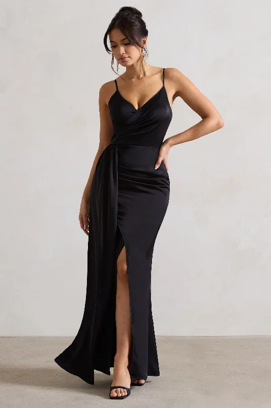 Budget Friendly Soraya | Black Satin V-Neck Split Maxi Dress With Drape Celebrate with Big Savings