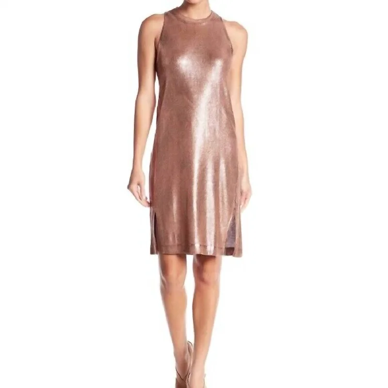 Feminine Style Promotions Sleeveless Side Slits Coated Knit Dress In Rose Gold Luxe Layering