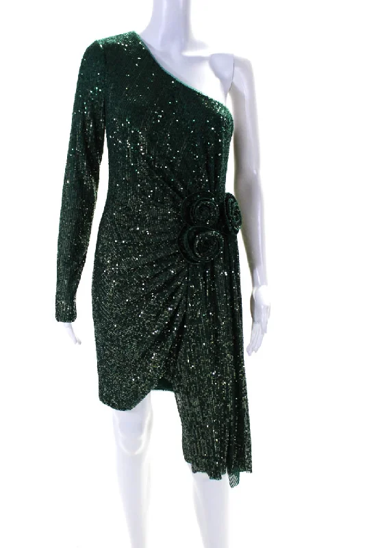 Modern Fashion Sale Badgley Mischka Womens Long Sleeve One Shoulder Sequin Sheath Dress Green Everyday Glamour