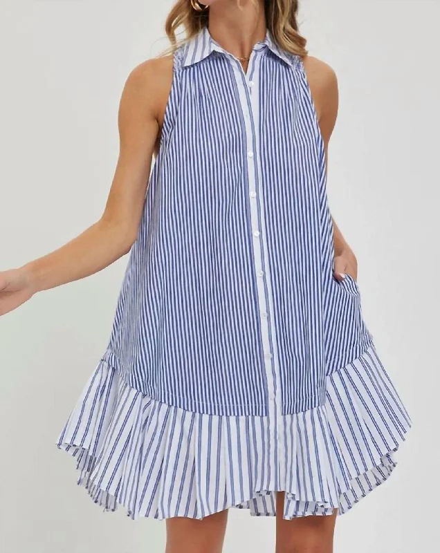 Break Fashion Norms Striped Shirt Dress In Blue Stripe Feminine Soft - Hued Look