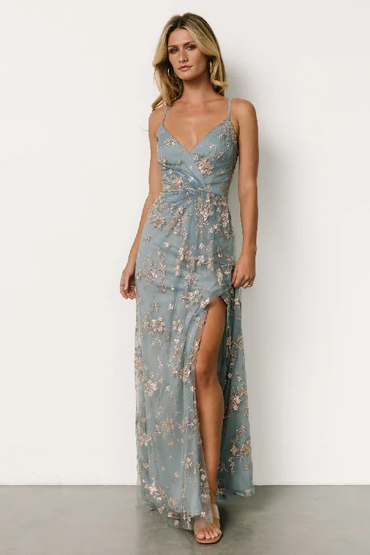 Chic Trends Unveiled Marcia Sparkle Gown | Light Blue + Rose Gold Y2K Nostalgic Fashion Look