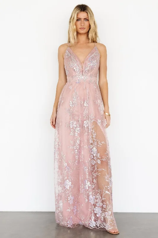 Fashion Essentials Lucienne Shimmer Maxi Gown | Blushing Rose Subtle Sophistication