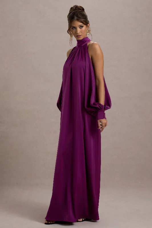 Minimalist Fashion Sale Baila | Mulberry Satin High-Neck Cape-Sleeve Maxi Dress Save on Inspired Styles