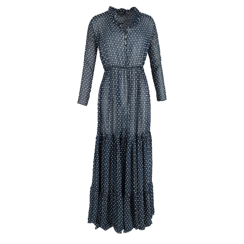 Find Your Unique Flair Saloni Polka Dot Print Maxi Long Sleeve Dress in Navy Blue Polyester Feminine Grace