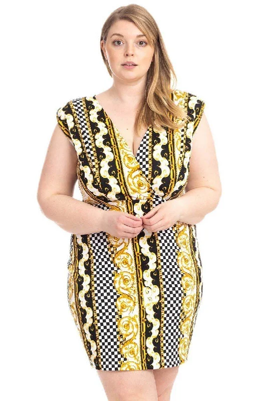 Chic Style, Always In Vogue Plus Size Boarder Print  V-neck Bodycon Dress Last Chance Sale