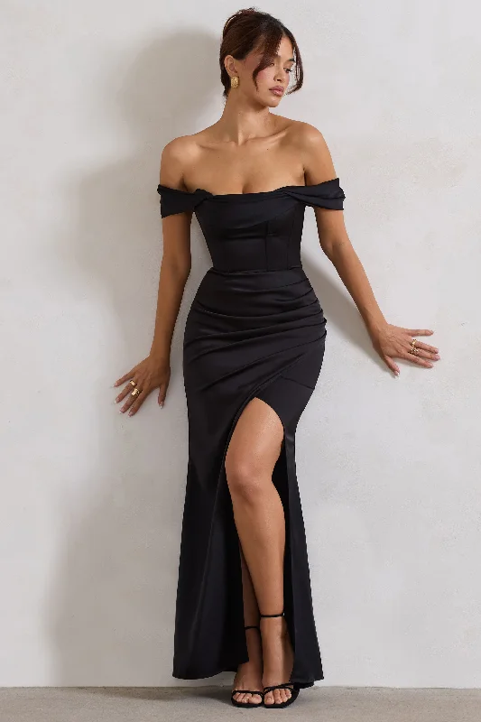 Latest Trends Kimberly | Black Bardot Satin Maxi Dress Big Savings on Minimalist Office Styles