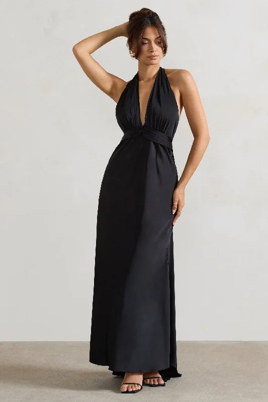 Exclusive Deals Online Carolyn | Black Satin Plunge Maxi Dress With Dipped Hem Flowy Fabric