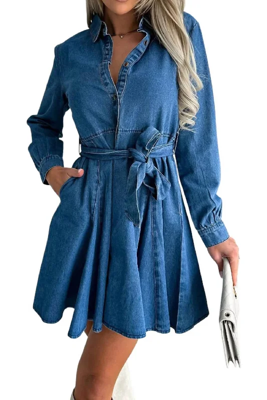 Special Offers, Don't Miss Tied Half Button Long Sleeve Denim Dress In Dusty Blue Flash Deals