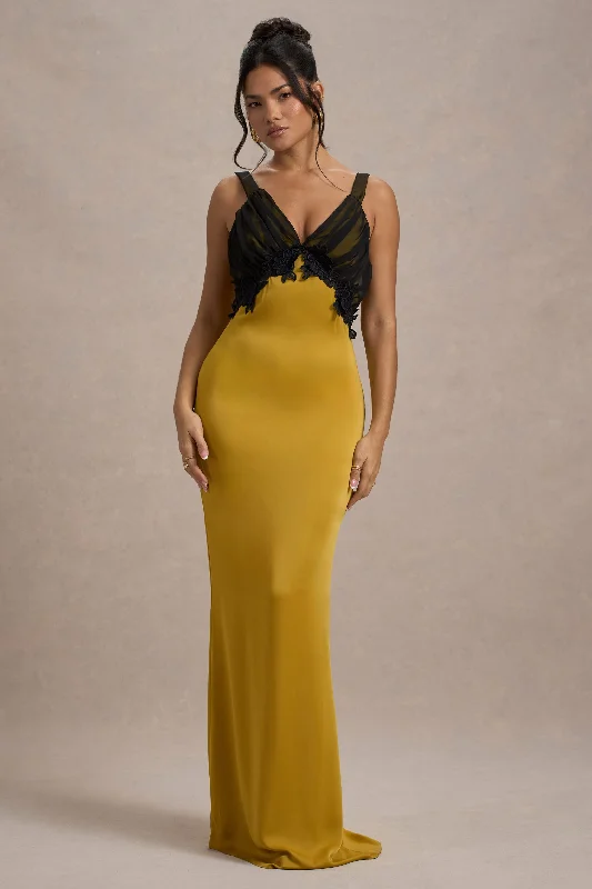 Sophisticated Style Offers Sahara | Mustard Satin V-Neck Maxi Dress With Black Lace Trim Celebrate with Big Savings