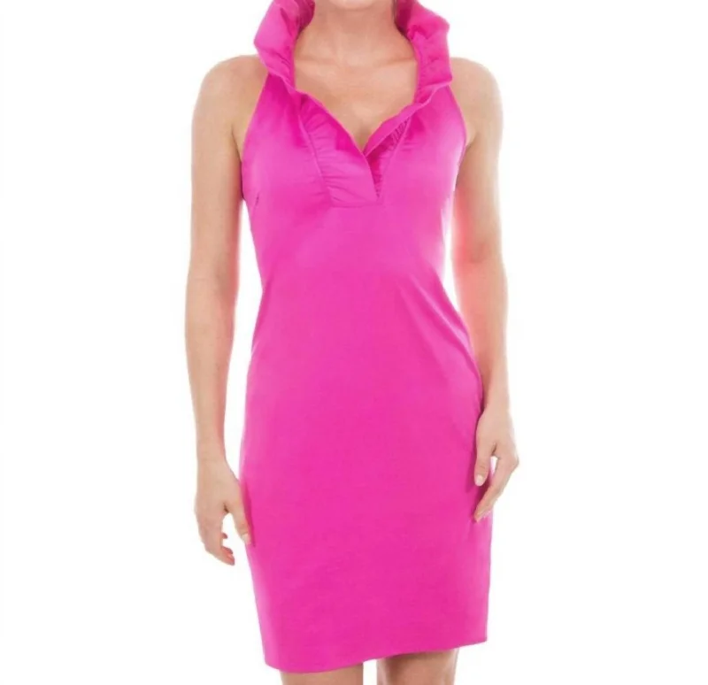 Casual Yet Chic Sales Ruffle Neck Solid Jersey Sleeveless Dress In Hot Pink Boho - Chic Festival - Ready Style