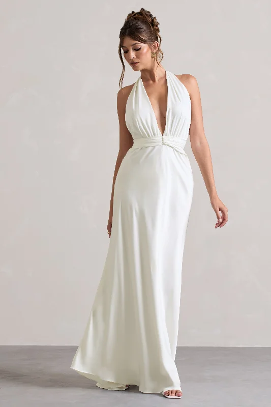 Massive Selection Sale Carolyn | Ivory Satin Plunge Maxi Dress With Dipped Hem Soft Textures