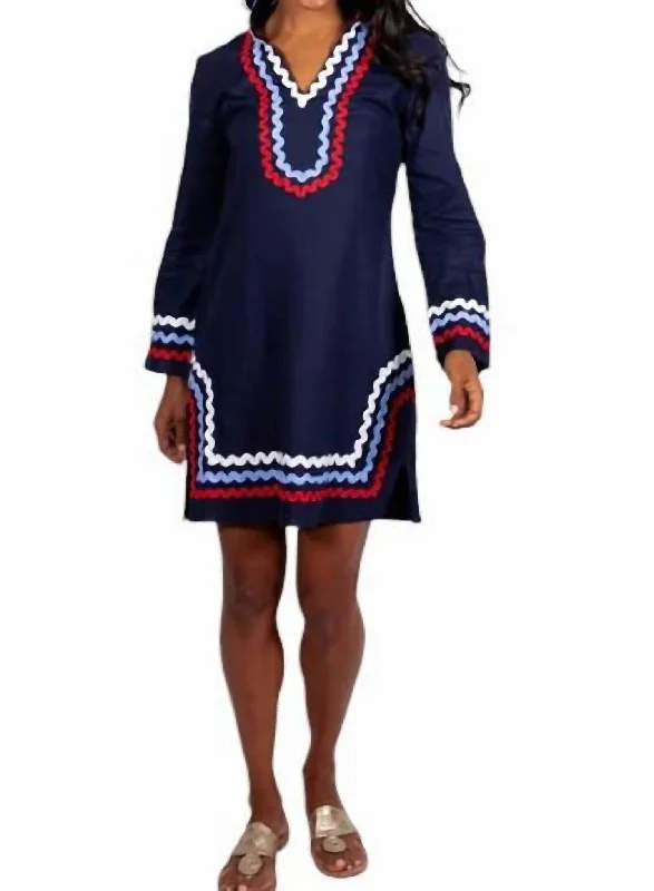 Best Deals Of The Season Long Sleeve Classic Tunic Dress In Red/white/blue Coastal Beach - Inspired Style