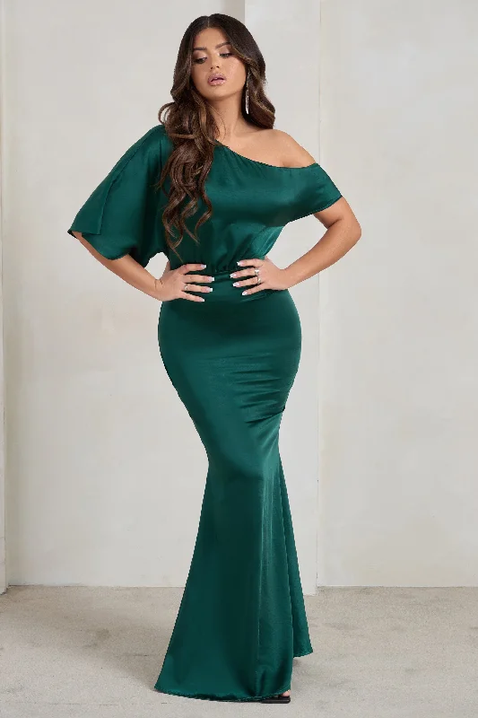 Urban Style Promotions Sabrina | Bottle Green Asymmetric Off The Shoulder Satin Maxi Dress Contemporary Elegance