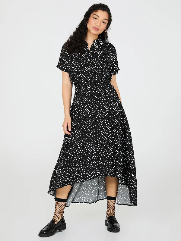 Limited Time Special Offer Dot Print High-Low Maxi Shirt Dress Feminine Soft - Hued Look