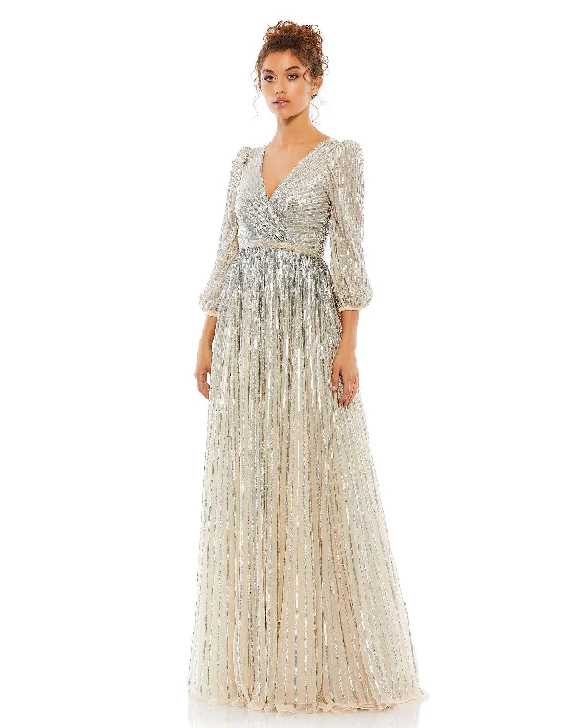 Crazy Price Slashing Sequined Wrap Over 3/4 Sleeve Gown Celebrate with Big Savings