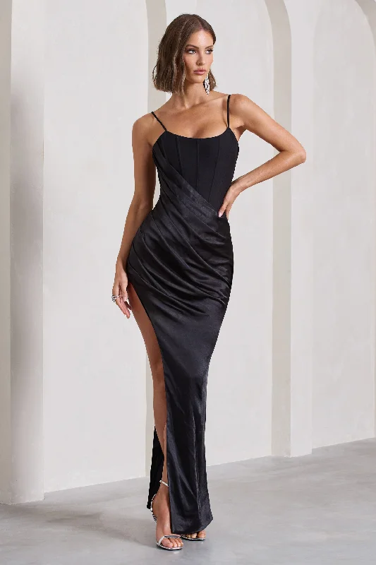 Affordable Trendy Fashion In Attendance | Black Satin Draped Corset Split Maxi Dress Luxury Comfort