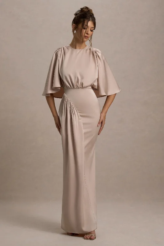 New Season Fashion Preview Cinder | Champagne Satin Gathered Maxi Dress Update with Cottagecore Styles