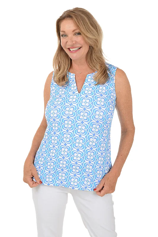 Best Deals Of The Season Periwinkle Optical Daisy UPF50+ Split Neck Sleeveless Top Modern Romance