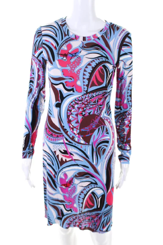 Exclusive Fashion Deals Emilio Pucci Womens Long Sleeve Abstract Sheath Dress Pink Blue White Lightweight Fabric