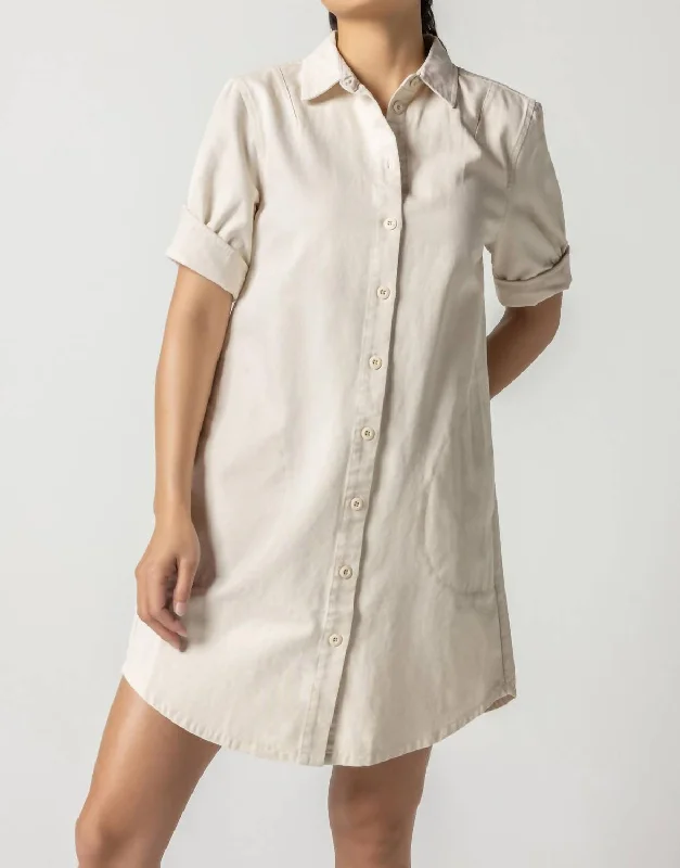 Style Upgrade Canvas Woven Cuff Sleeve Shirt Dress In Natural Last Chance Sale