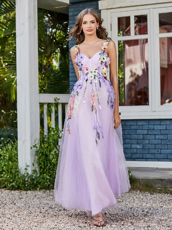 Polished Style Deals Tea Length Floral Tulle Gown Lilac Feminine Soft - Hued Look